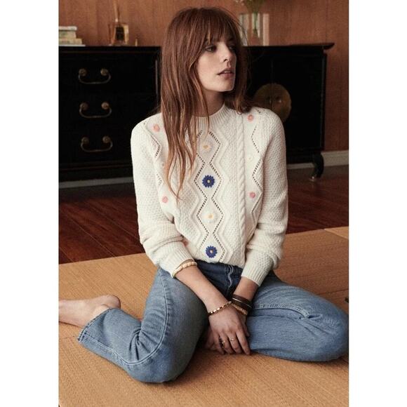 Sezane Sweaters - Sezane Zacharie Jumper 100% Wool Sweater Cream Embroidered Floral Size Medium